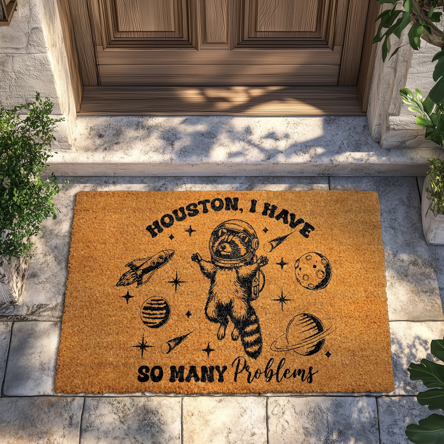 Space-Themed Doormat, Astronaut Raccoon Welcome Mat, Funny Housewarming Gift
