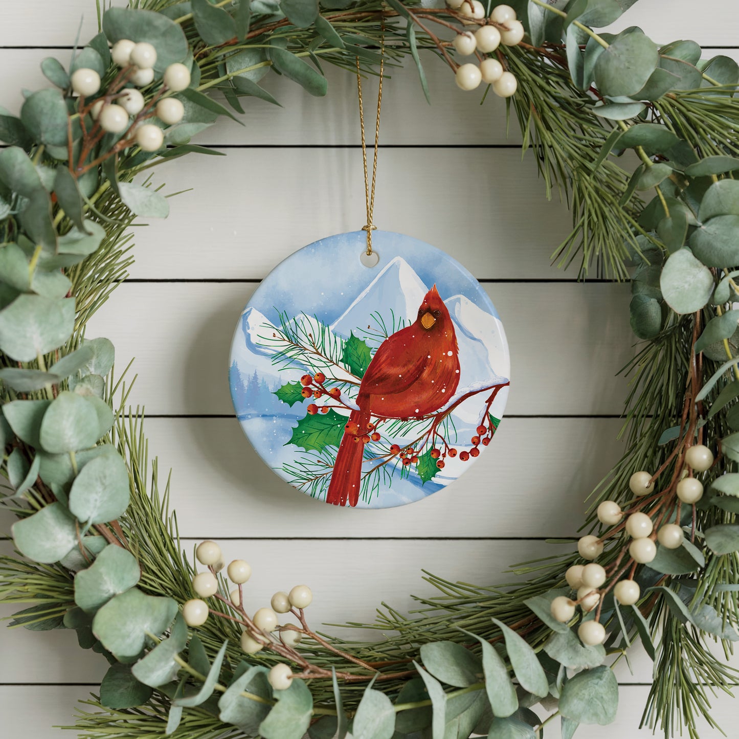 Snowy Mountain Cardinal Ornament: Memorable Ceramic Keepsake for Bird Lovers