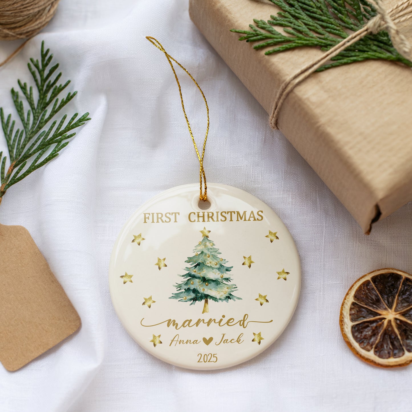 Personalized Ceramic First Christmas Married Ornament, Winter Wedding Keepsake Gift
