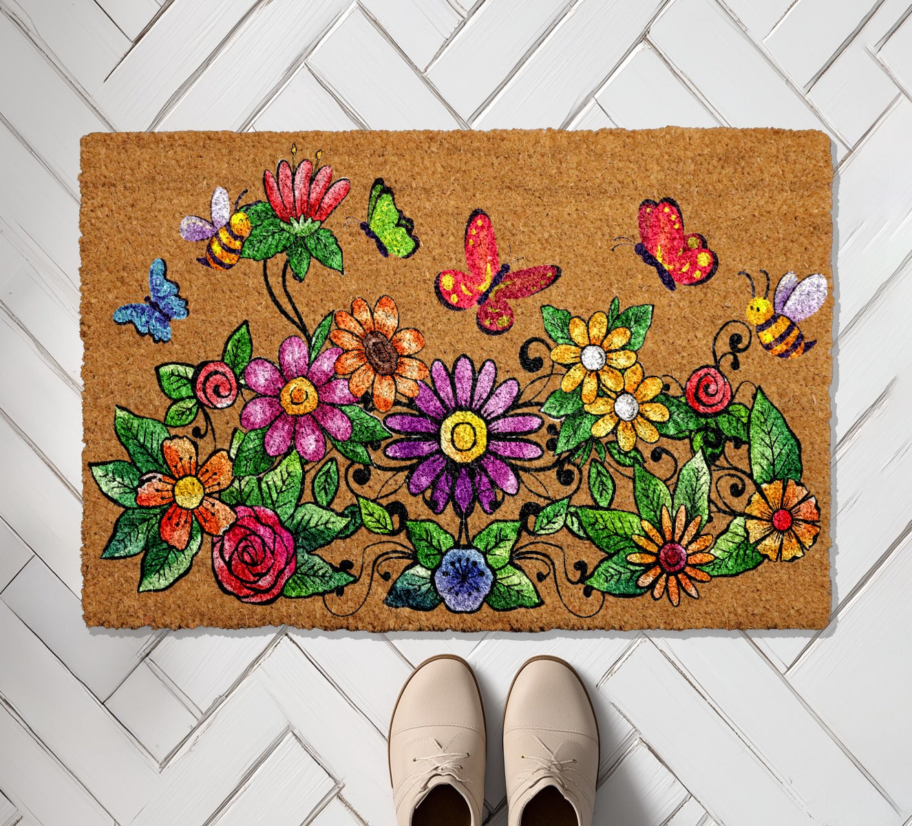 Vibrant Wildflower & Butterfly Doormat, Brighten Your Home Entrance.