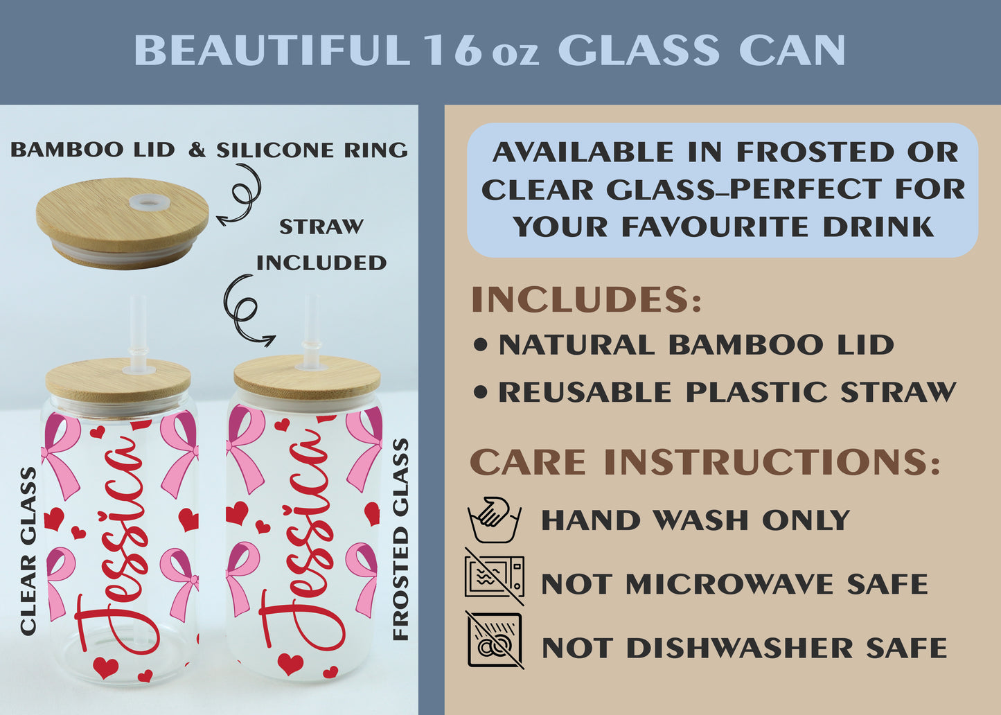 Custom Hearts And Bows Glass Tumbler Cup, Personalized Iced Coffee.