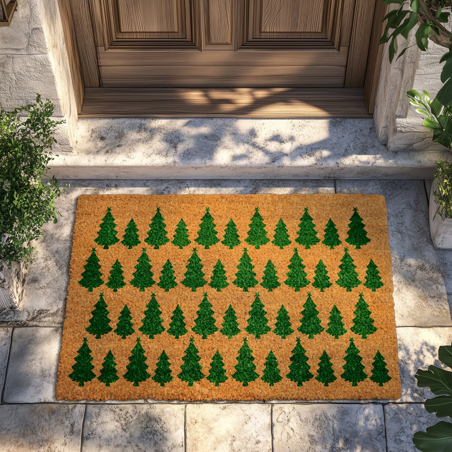 Festive Xmas Tree Welcome Mat, Winter Holiday Front Porch Decor