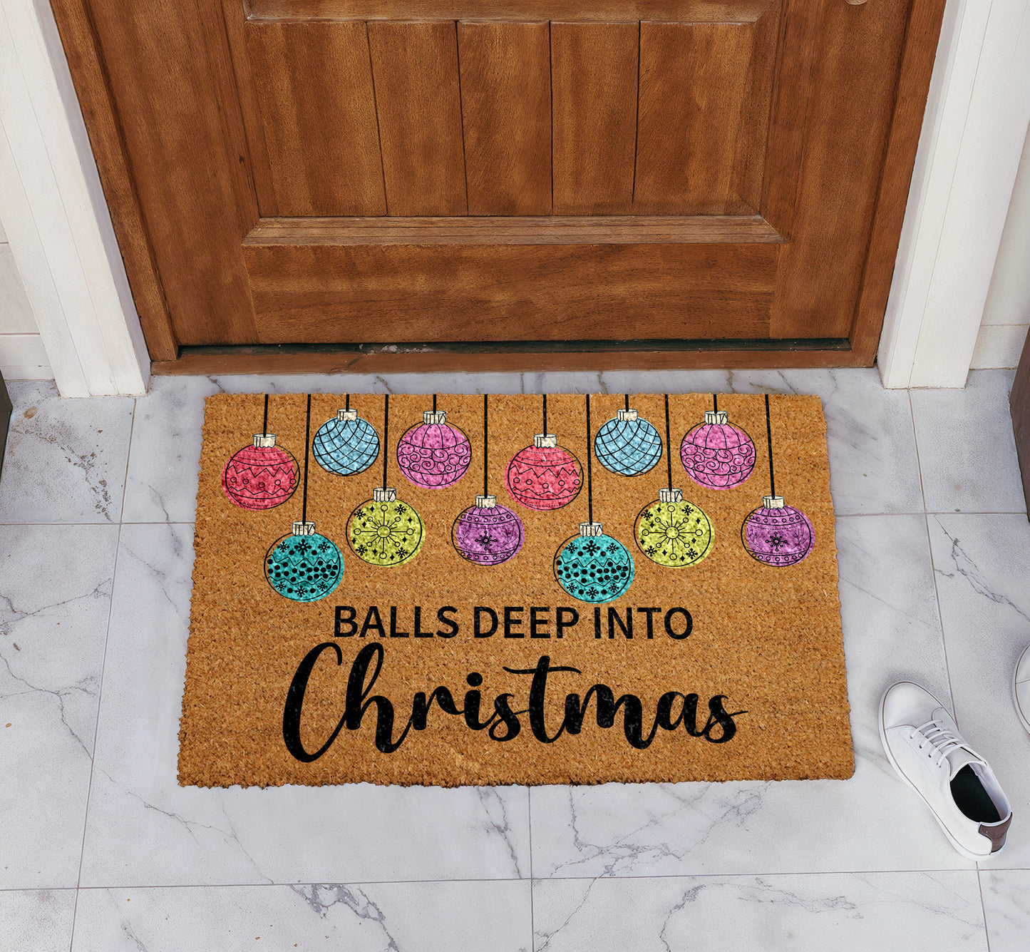 Festive Humor: Balls Deep Into Christmas Doormat, Xmas Housewarming Gift