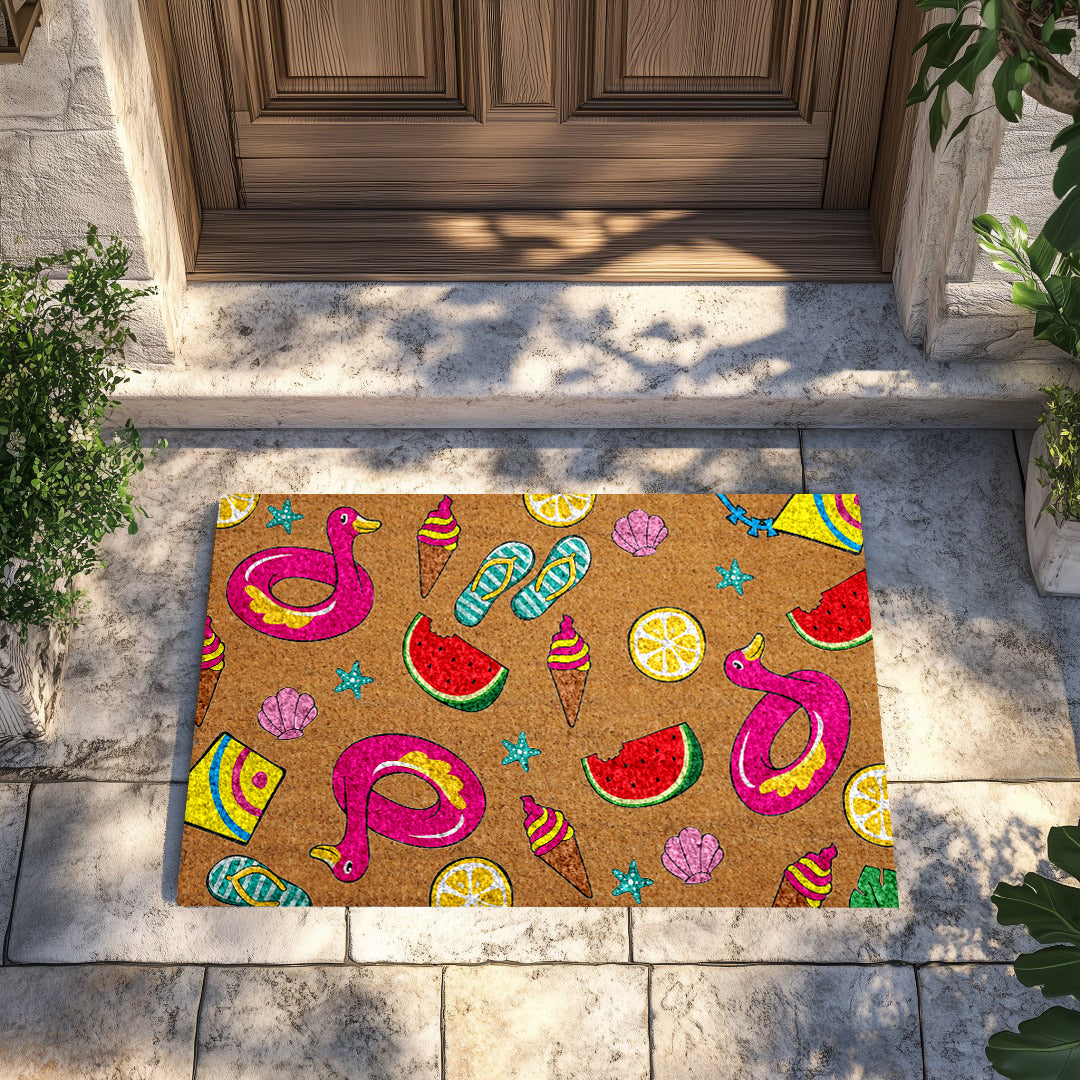 Vibrant Summer Fun Coir Doormat, Colorful Beach Theme Welcome Mat