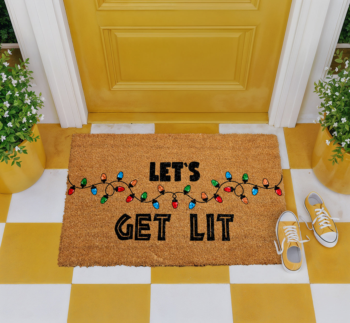 Get Lit Christmas Doormat, Funny Xmas Lights Welcome Mat!