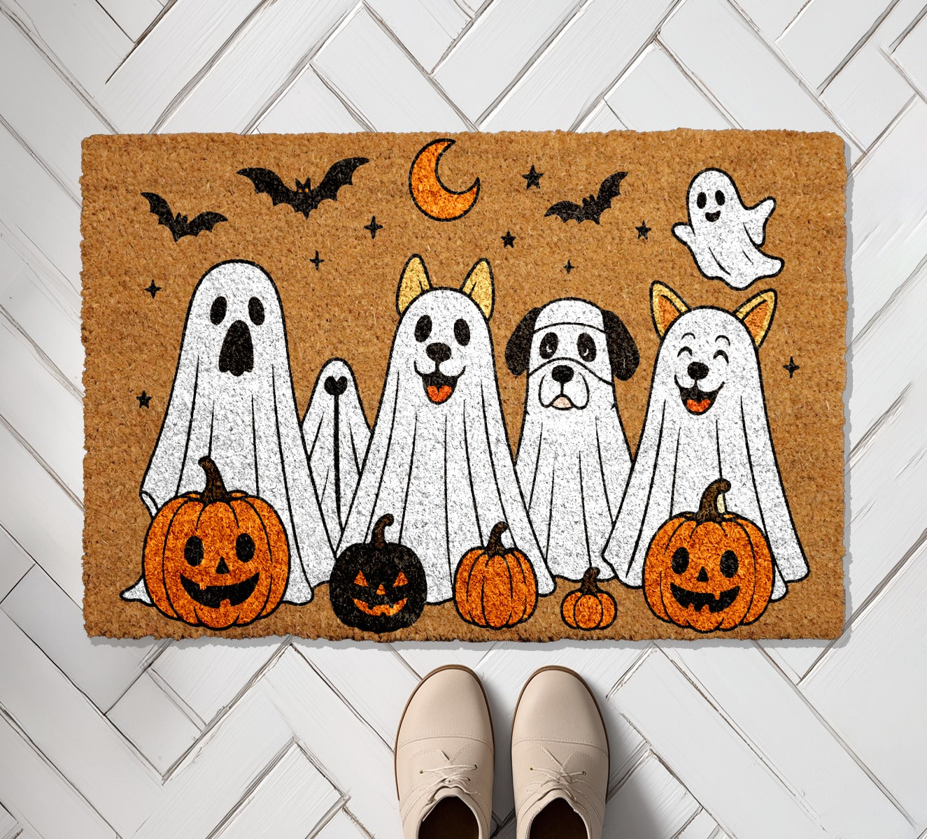 Ghost Dog Fall Decor, Cute Pumpkins Halloween Gift, Creepy Bat Porch Rug