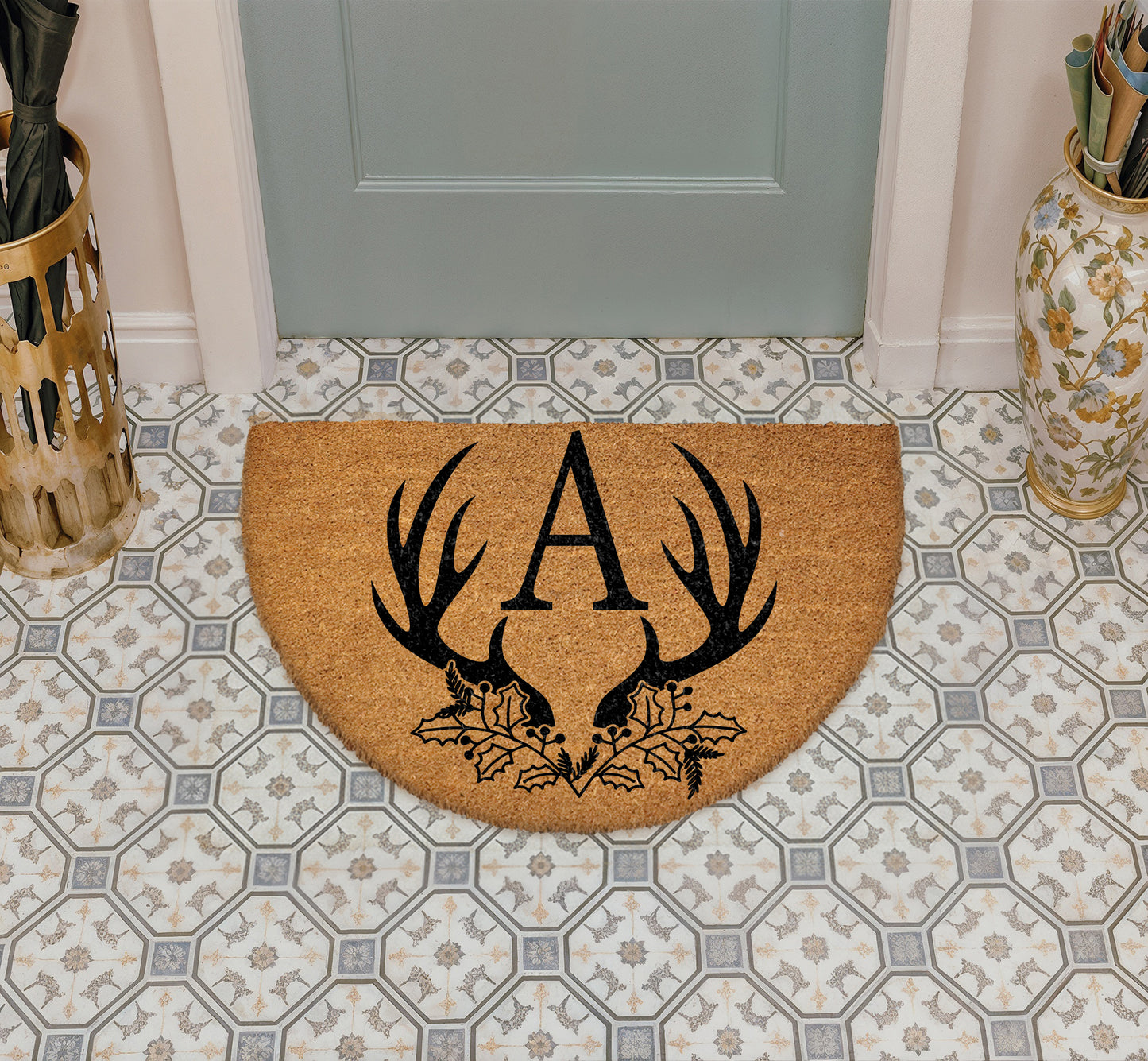 Personalized Antler Monogram Welcome Mat, Rustic Housewarming Gift