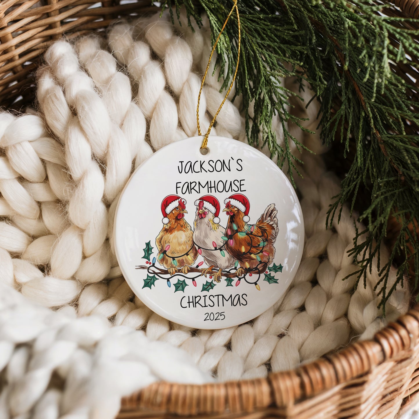 Personalize Your Tree with Ceramic Santa Hat Chickens Ornament