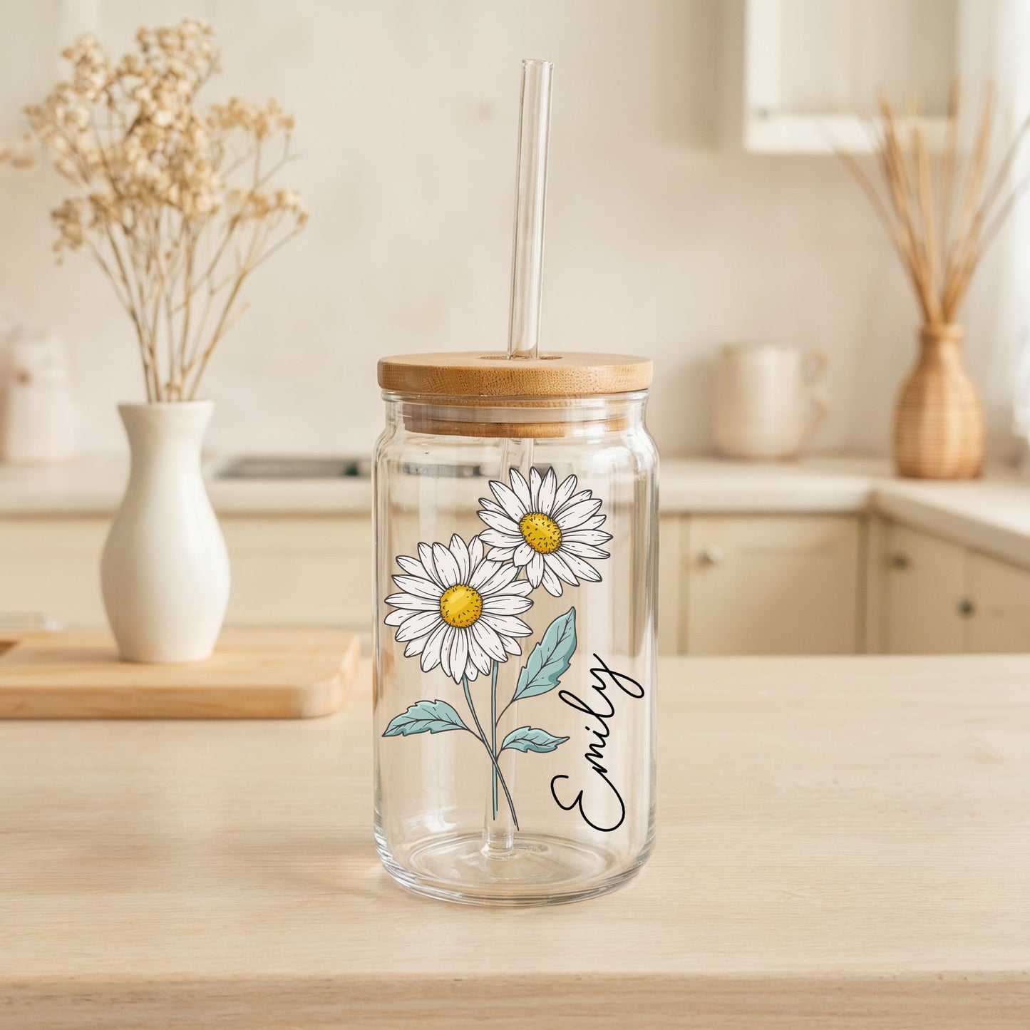 Personalized Birth Month Flower Can Glass, Eco-Friendly Floral Tumbler