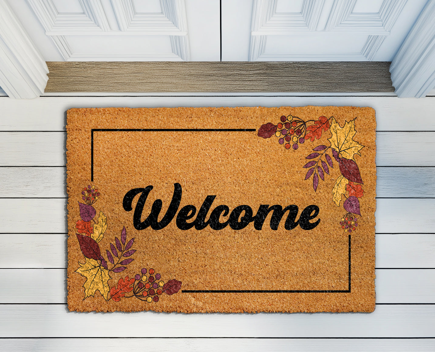Fall Leaves Welcome Mat, Rustic Autumn Entryway Mat, Farmhouse Entry Rug