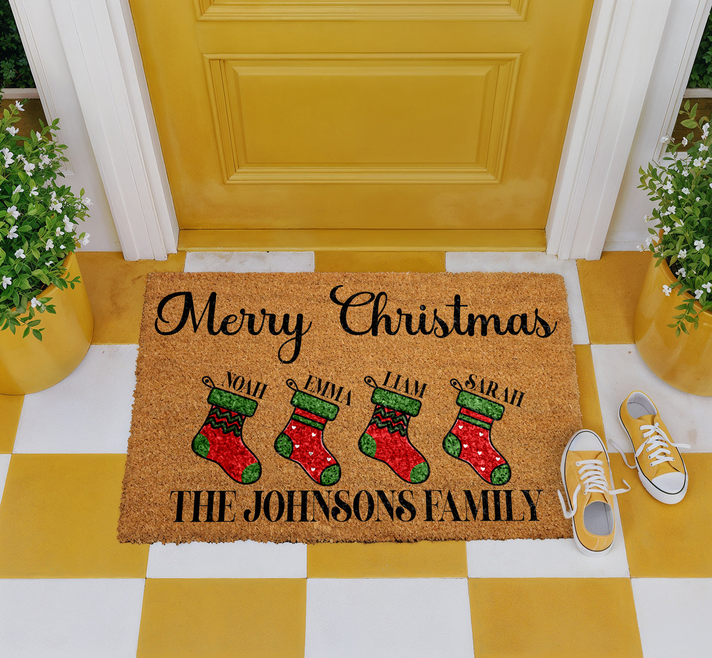 Custom Family Names Stocking Welcome Mat, Holiday Home Entrance Decor