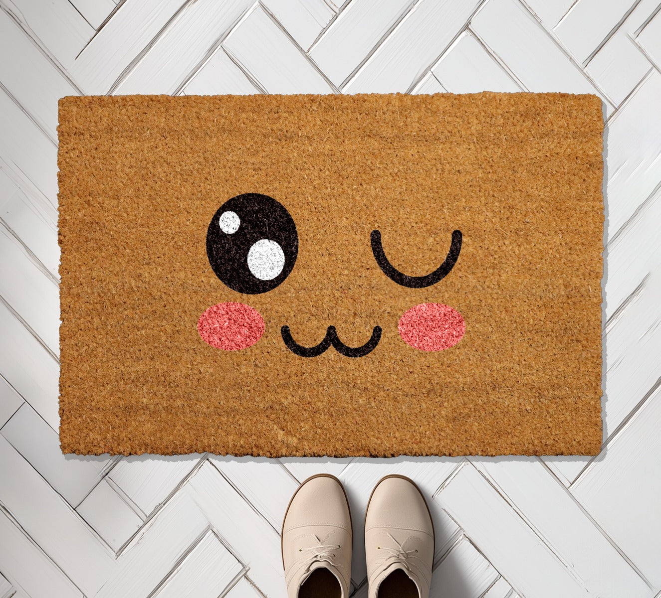 Playful Winking Emoji Doormat, Blush Cheeks Welcome Rug, Front Door Decor