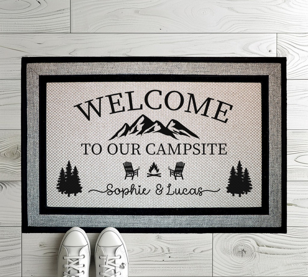 Custom Couple's Welcome Mat with Mountain Pine Tree and Campfire