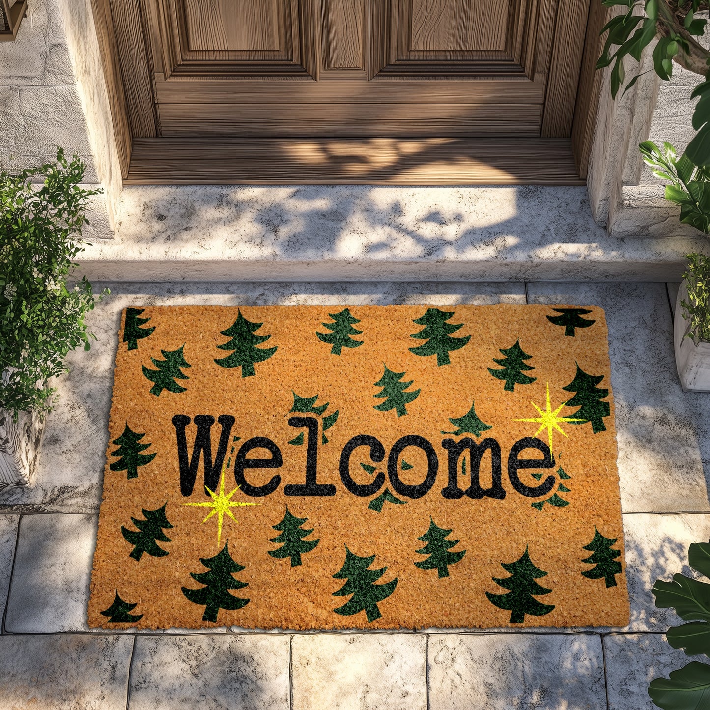 Festive Christmas Tree Welcome Mat, Holiday Front Door Rug
