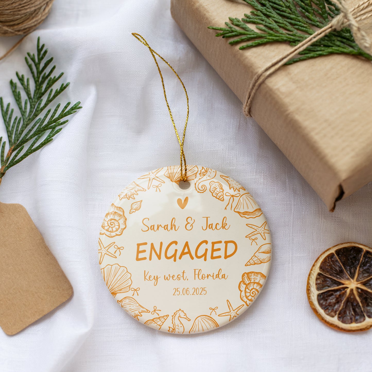 Personalized Coastal Design Engaged Ceramic Keepsake Ornament, Beach Souvenir
