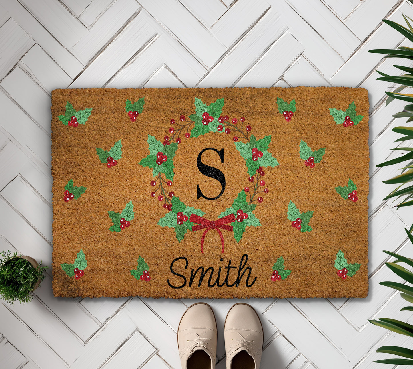 Festive Christmas Doormat with Custom Initial & Family Name