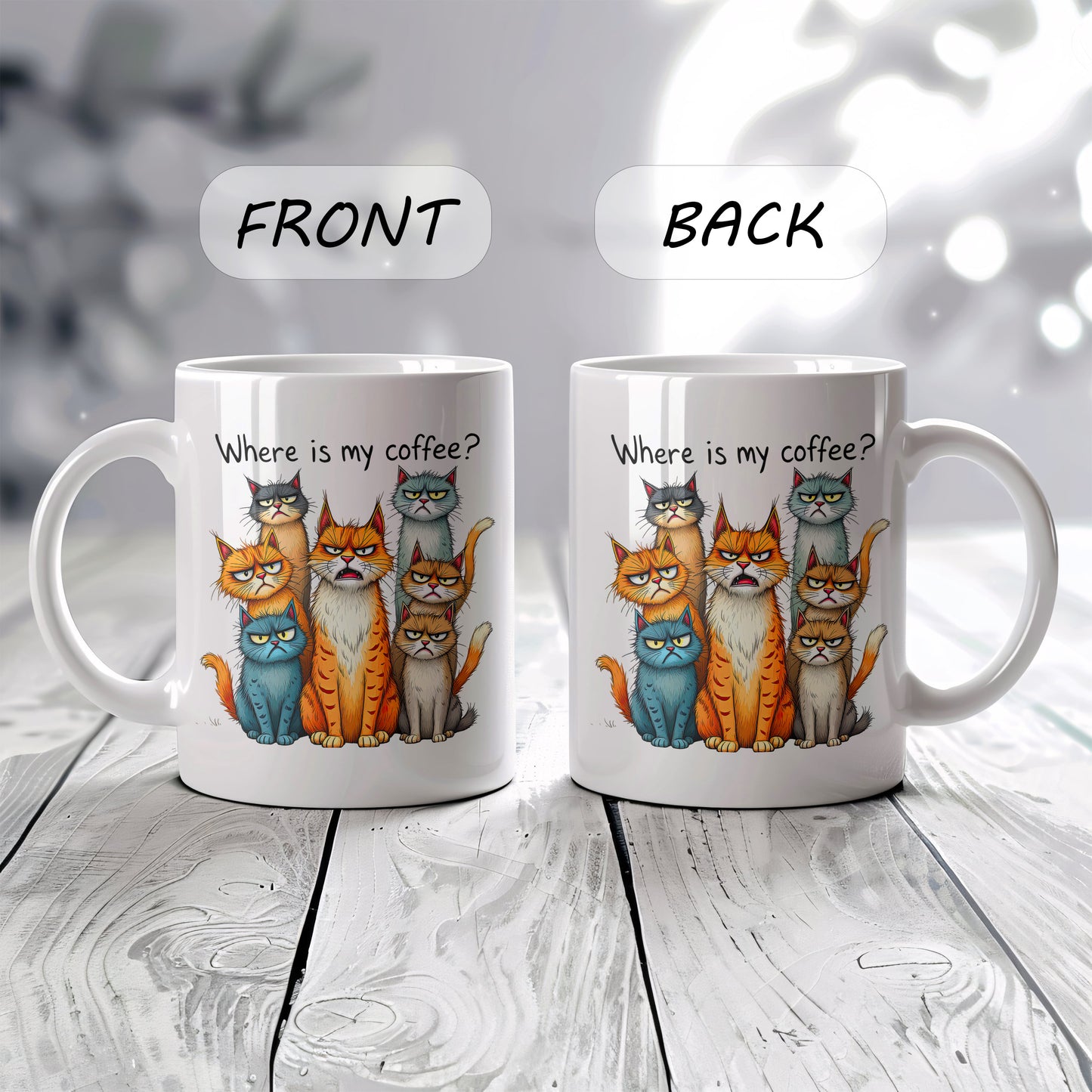 Grumpy Cats Ceramic Mug, Humorous Cat Lovers Coffee Cup