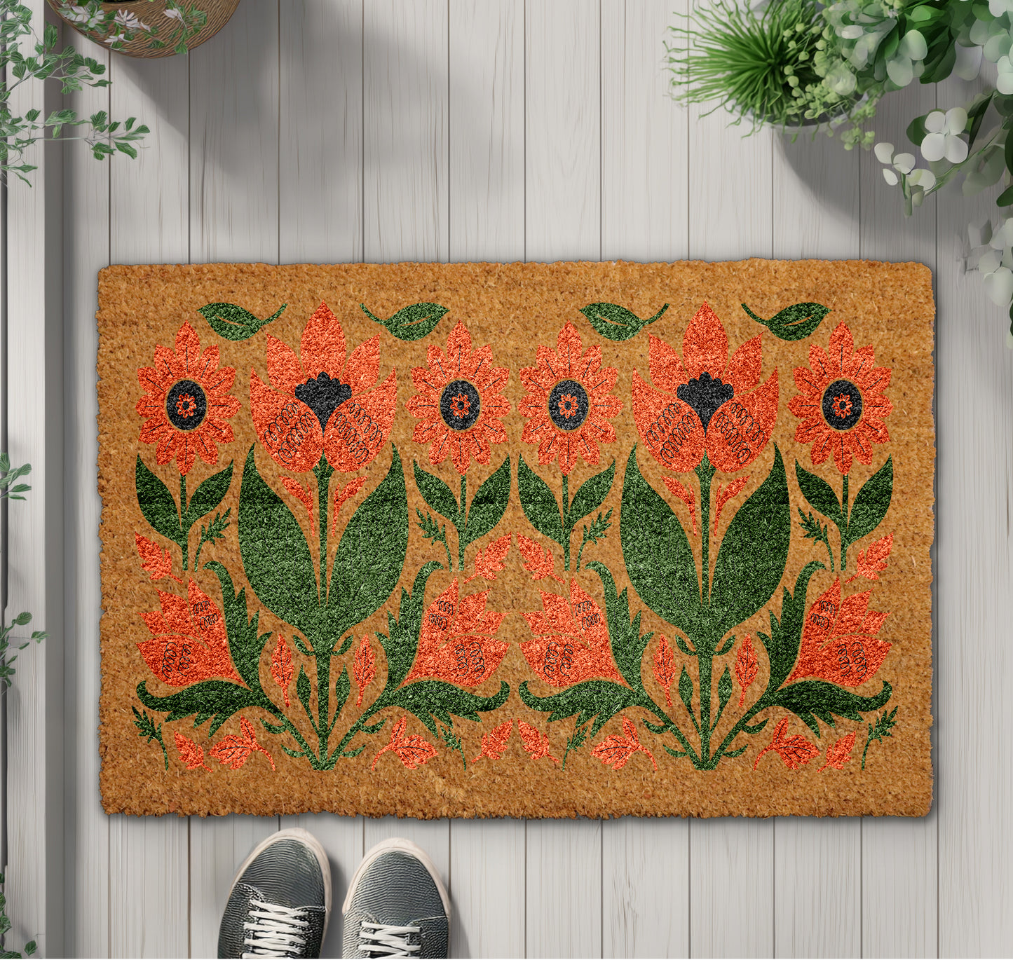Hand-Painted Floral Welcome Mat, Botanical Orange Flower Coir Doormat