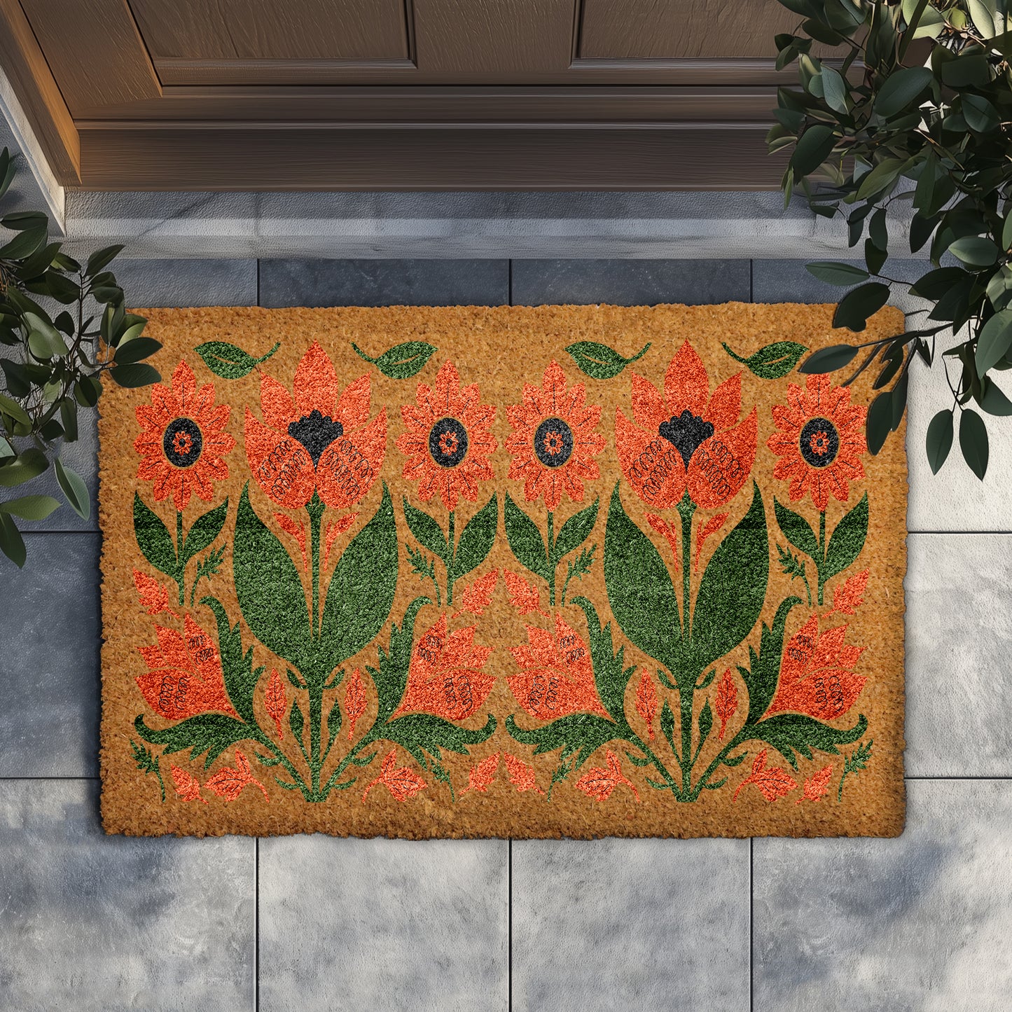 Hand-Painted Floral Welcome Mat, Botanical Orange Flower Coir Doormat
