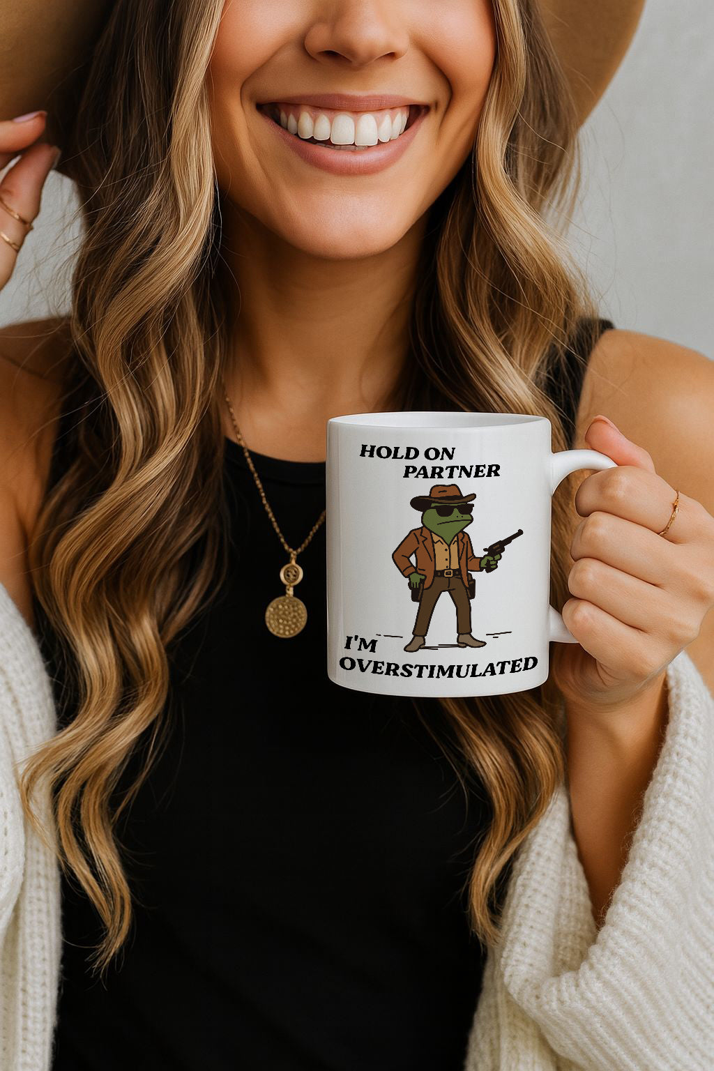 Sarcastic Cowboy Frog Mug, Humorous Mental Health Ceramic Cup