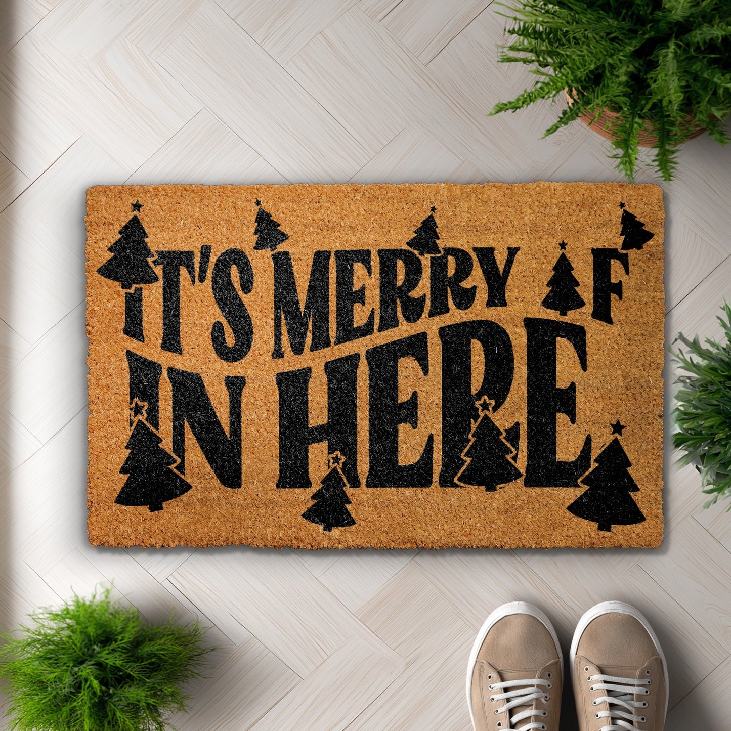 Merry AF Christmas Doormat, Festive Home Decor, Tree Pattern Rug