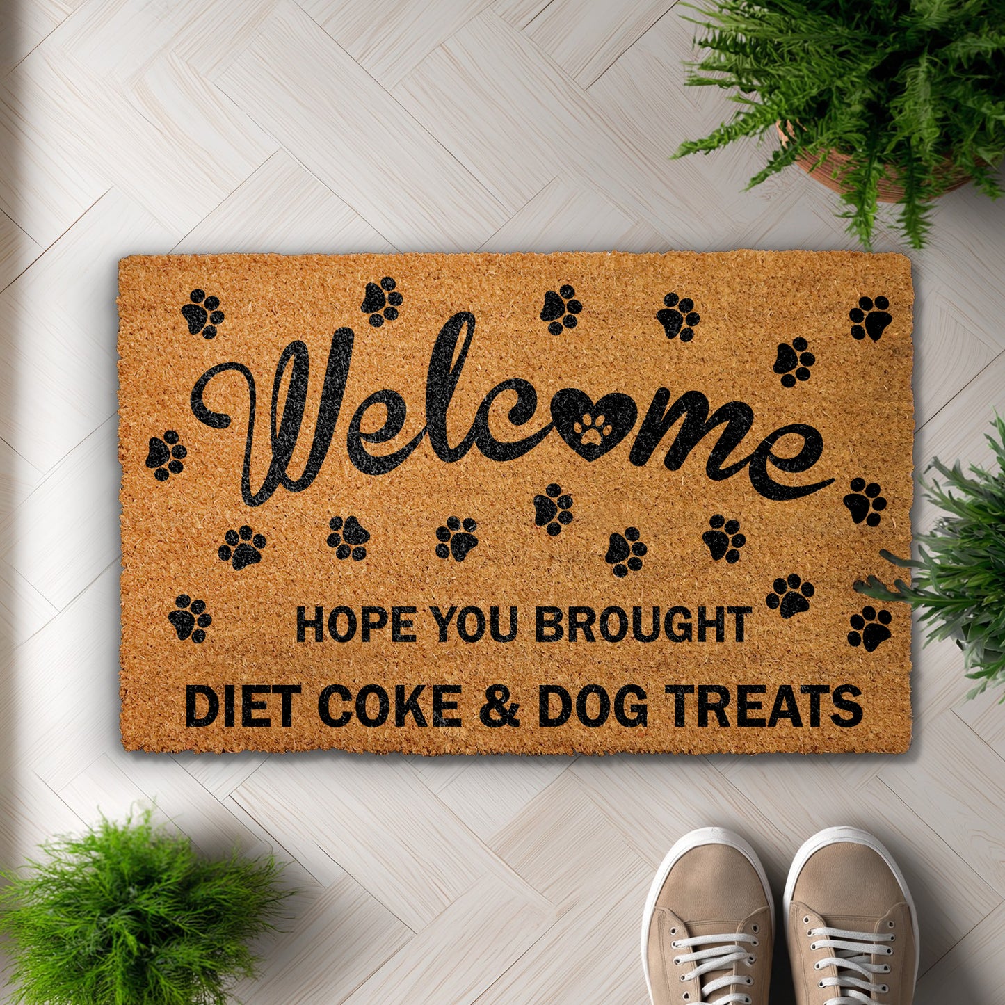 Welcome Home with Dog Treats, Paw Print Funny Doormat!