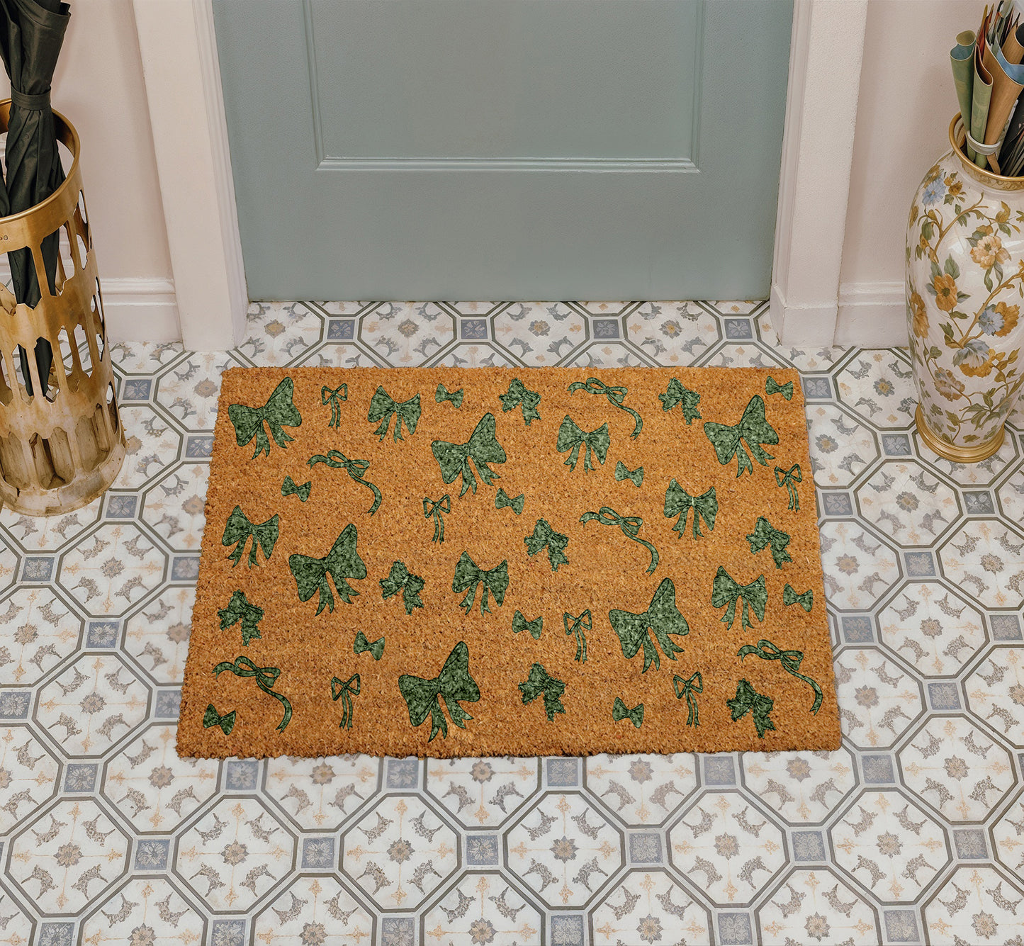 Festive Holiday Bow Pattern Coquette Doormat, Housewarming Gift Xmas Rug