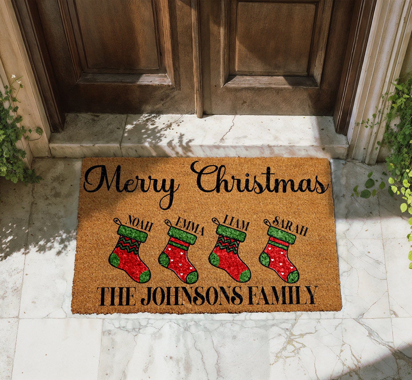 Custom Family Names Stocking Welcome Mat, Holiday Home Entrance Decor