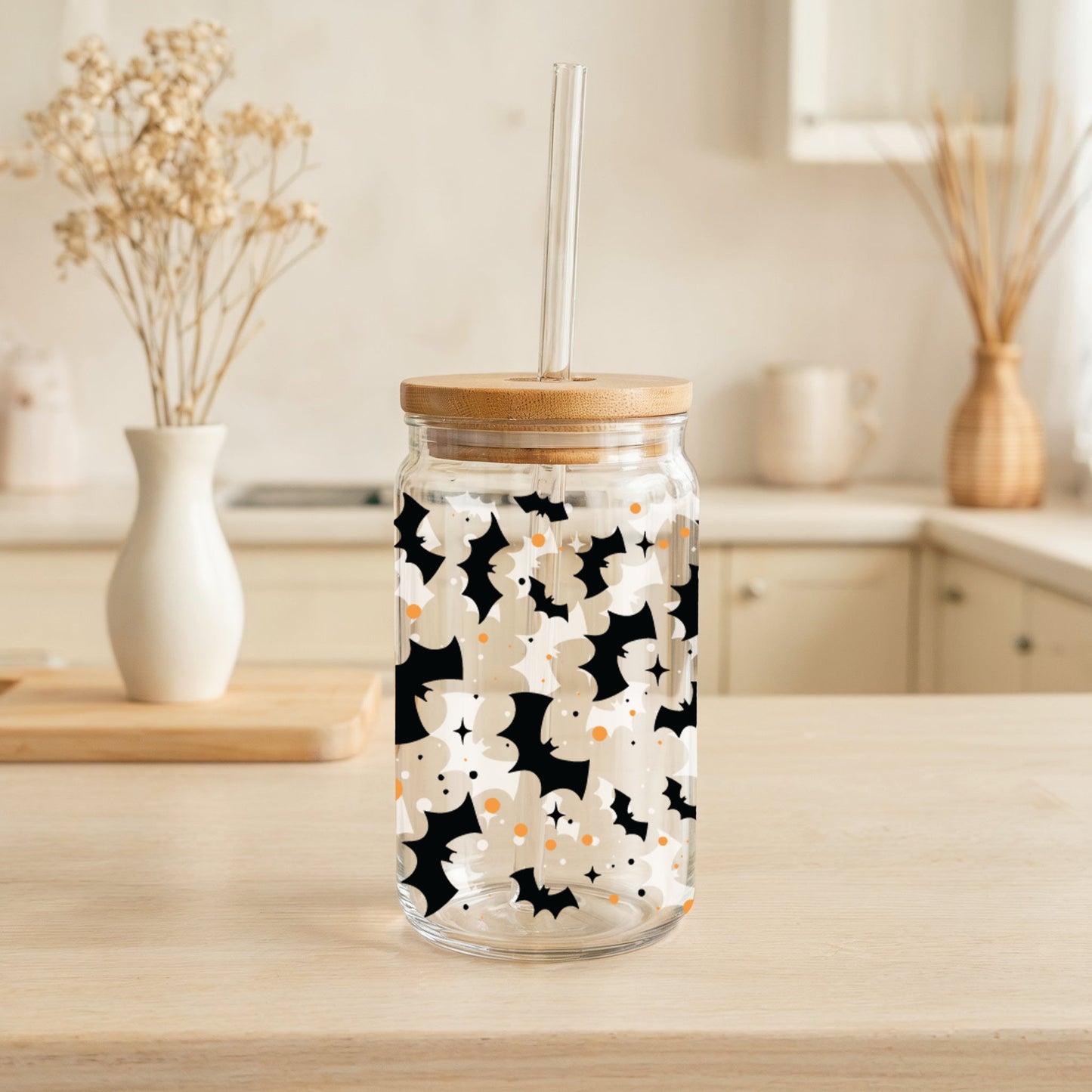 Spooky Season Bats Design Glass Cup, Fall Festive Trick-or-Treat Sipper.