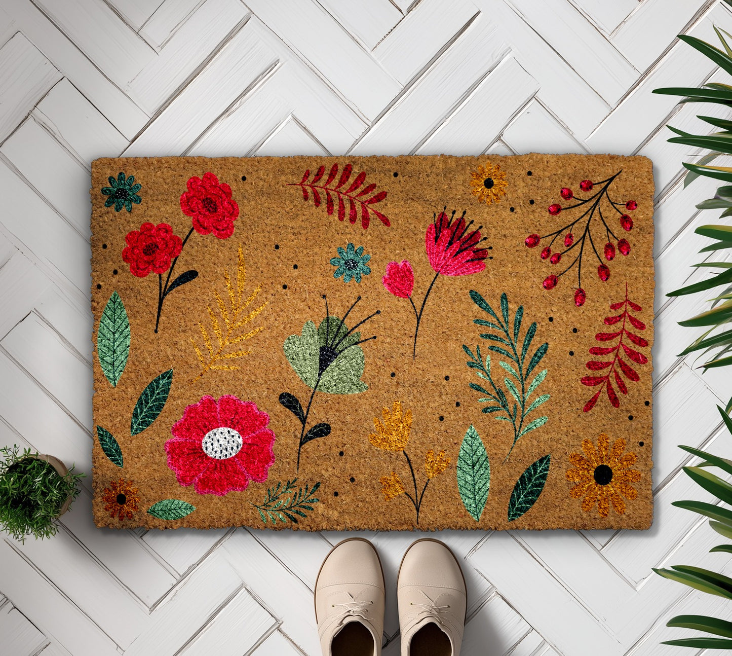 Boho Wildflower Welcome Mat, Vibrant Blooms Front Porch Rug