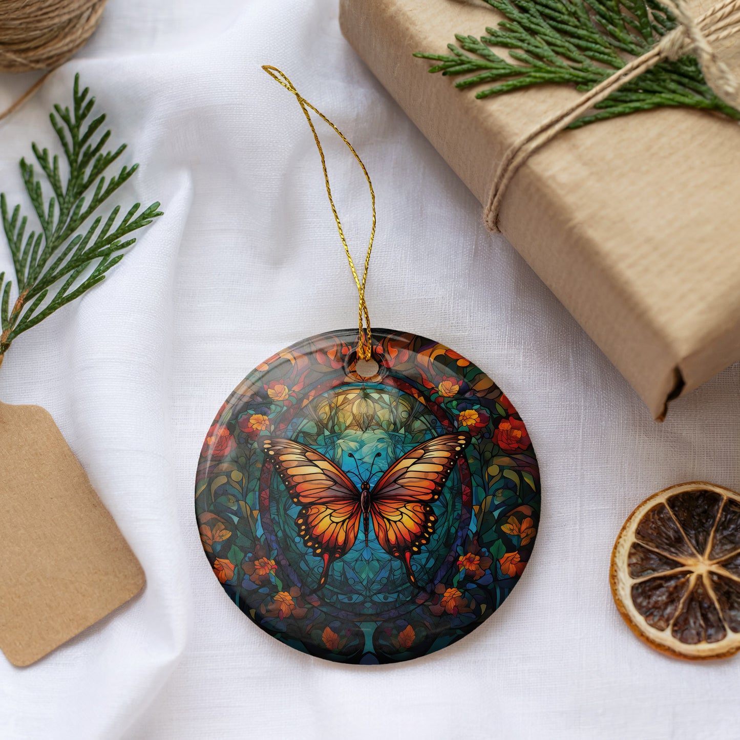 Vibrant Stained Glass Monarch Butterfly Ceramic Ornament, Nature Lover Keepsake