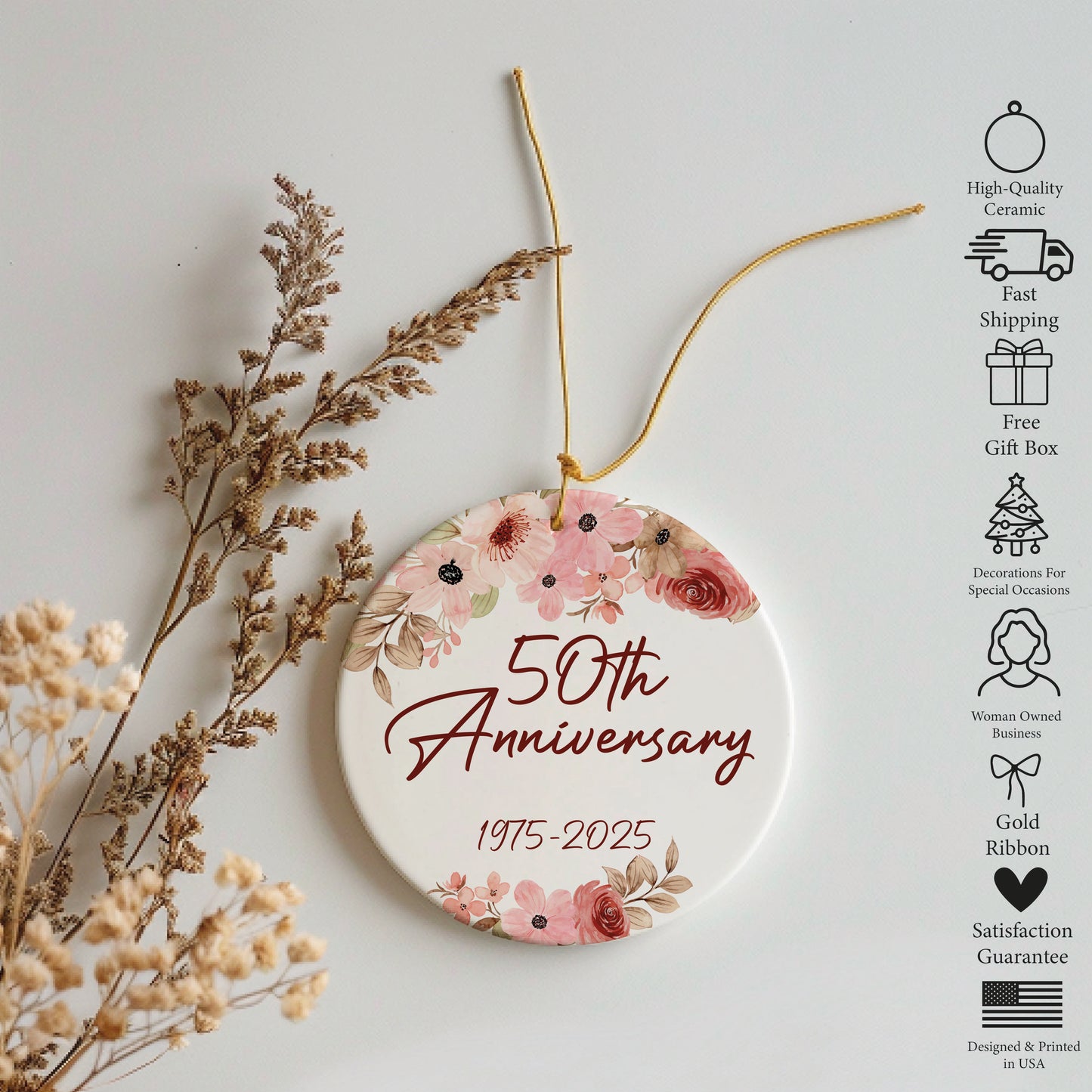 Celebrate Love with a Golden Custom Wedding Ceramic Ornament!