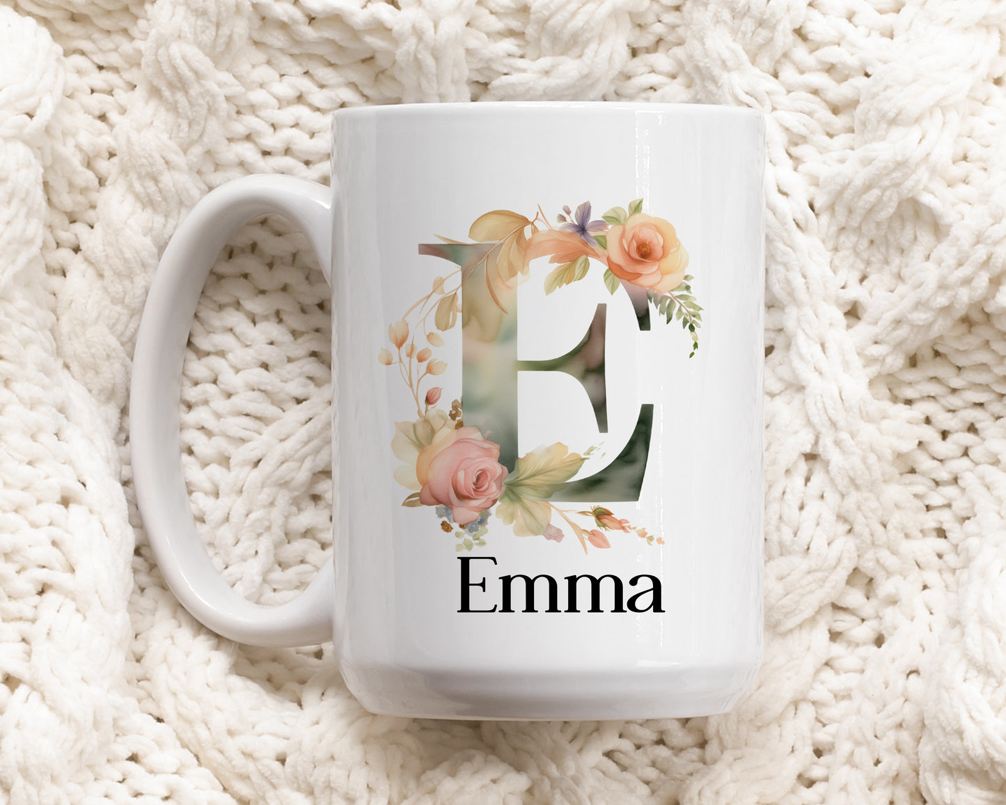 Elegant Monogram Ceramic Floral Mug, Personalized Aesthetic Tea Cup