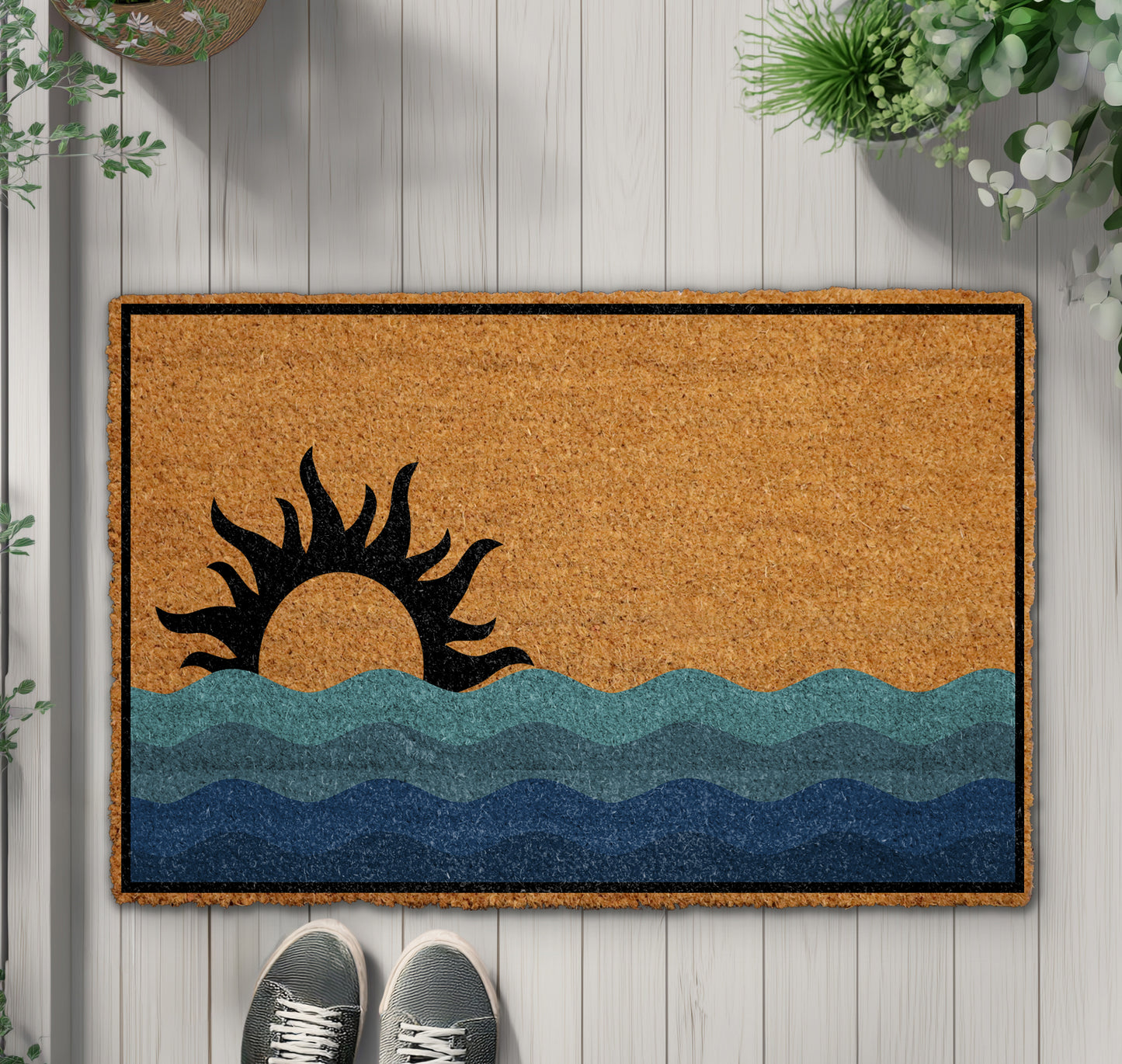 Sunset Ocean Doormat, Coastal Vibes Front Porch, Nautical Welcome Rug