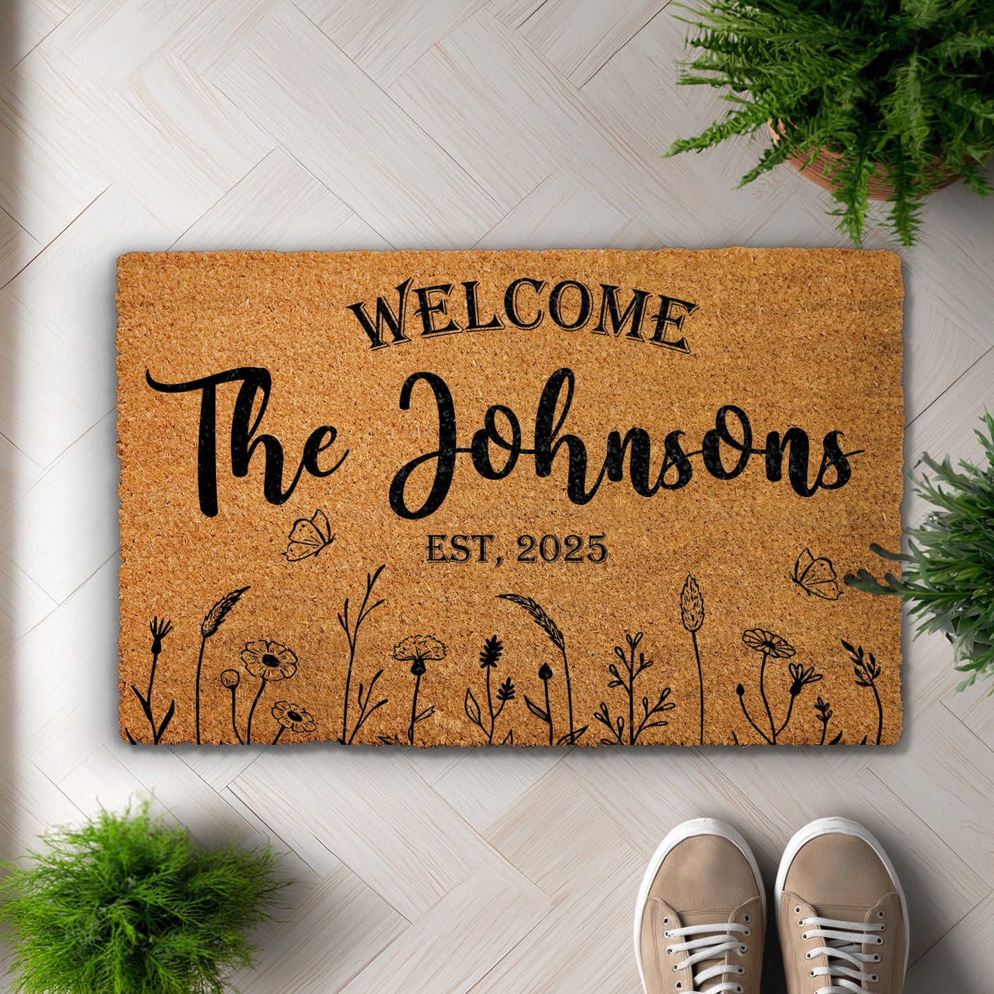 Personalized Floral Last Name Doormat, Family Welcome Mat, Housewarming Gift