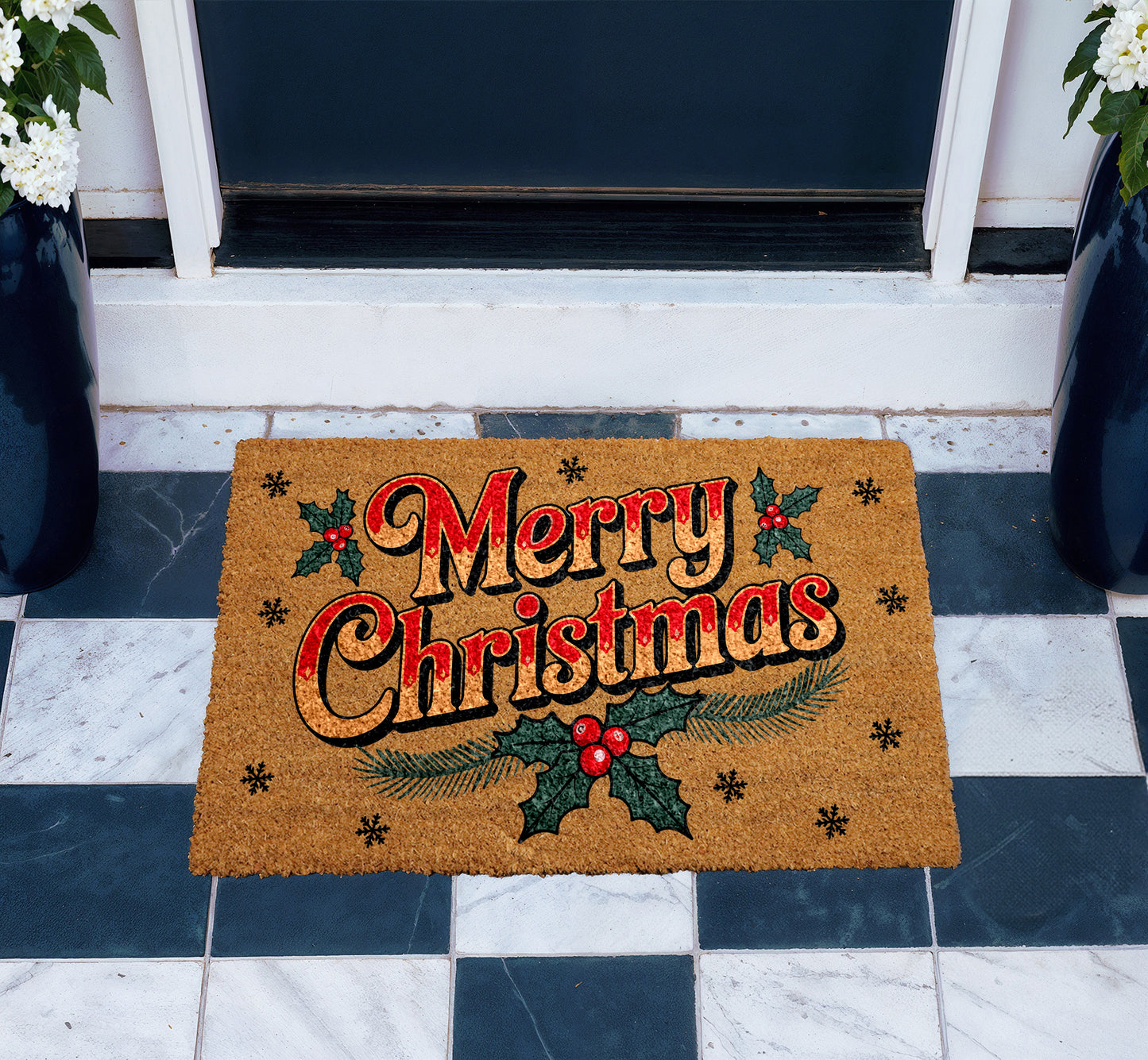 Holly Berry Xmas Welcome Mat, Festive Holiday Home Decor