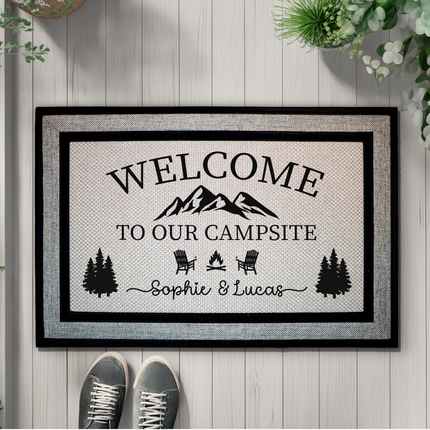 Custom Couple's Welcome Mat with Mountain Pine Tree and Campfire