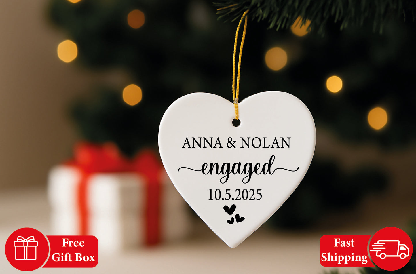 Personalize Your Engagement: Name & Date Ceramic Heart Ornament