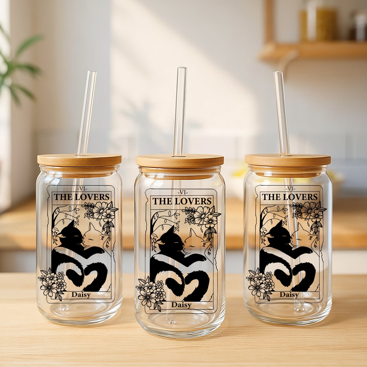 Custom Cat Design Glass Tumbler, Cute Tarot Card Iced Coffee Cup