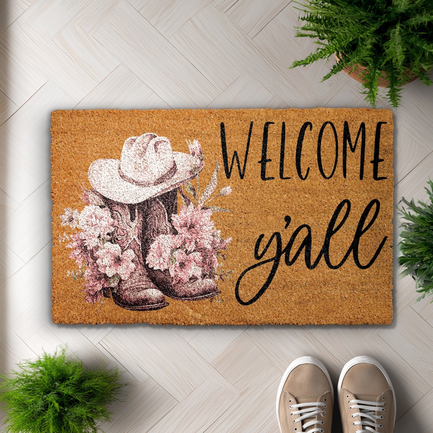 Pink Cowboy Boots and Hat Welcome Mat for Western Home.
