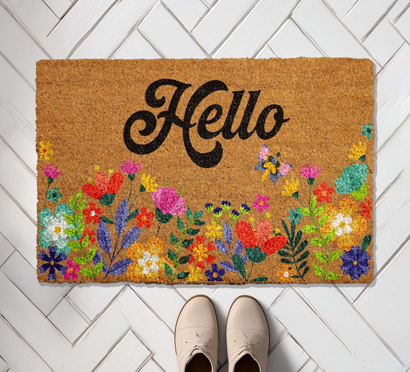 Charming Floral Hello Doormat, Brighten Your Front Porch!
