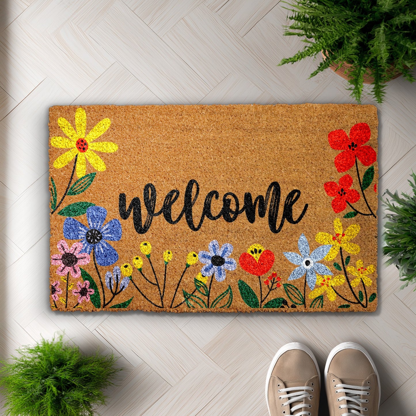Vibrant Floral Welcome Doormat, Spring Garden Decor, Cute Housewarming Gift