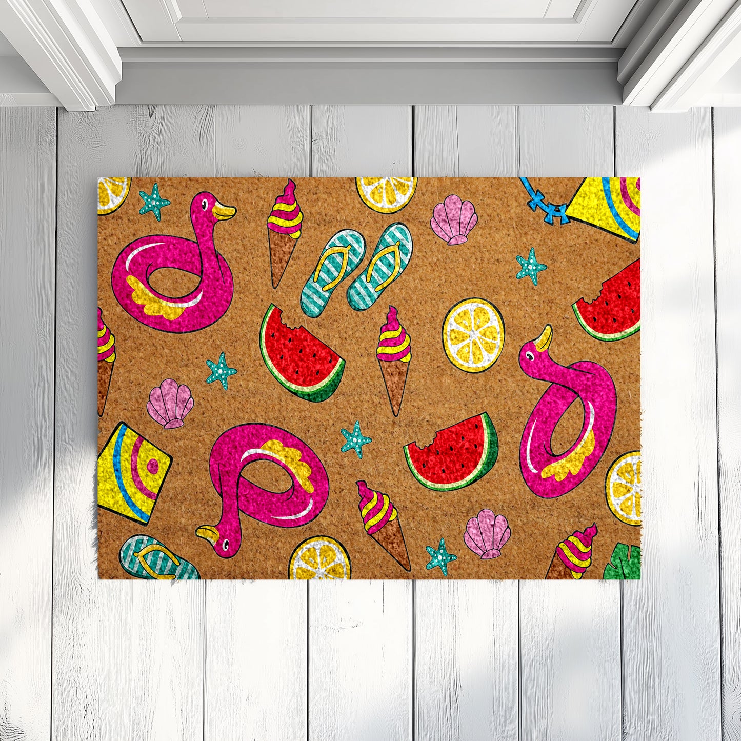 Vibrant Summer Fun Coir Doormat, Colorful Beach Theme Welcome Mat