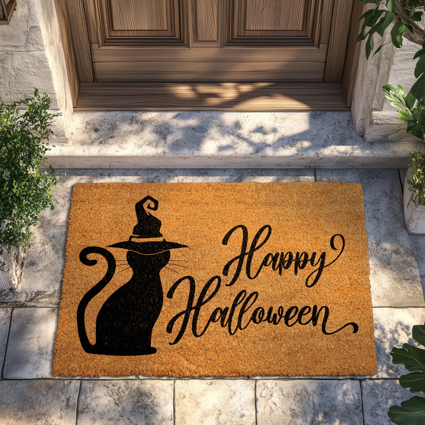 Witchy Black Cat Doormat: Spooky Season Home Decor Essential.