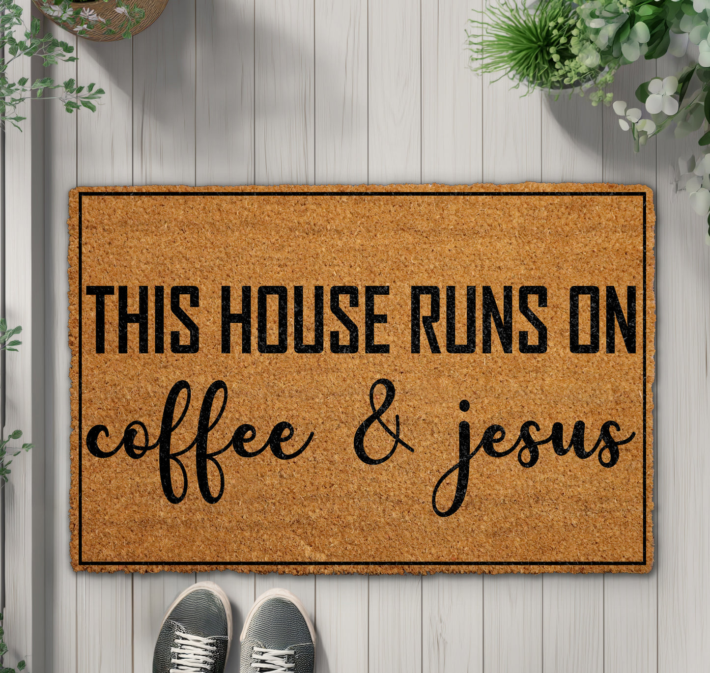Christian Welcome Mat: Coffee & Jesus, Faith-Based Doormat, Housewarming Gift