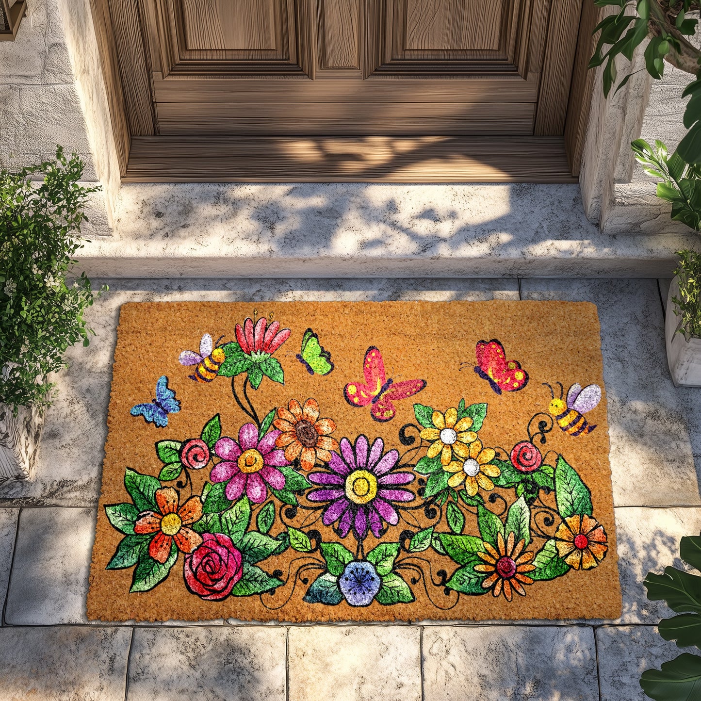 Vibrant Wildflower & Butterfly Doormat, Brighten Your Home Entrance.