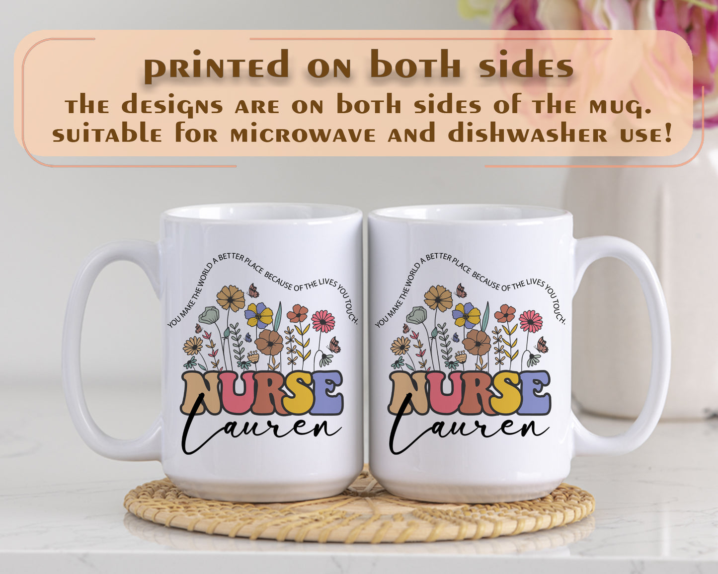 Personalized Floral Nurse Mug: Custom Name, Perfect Gift for Nurses