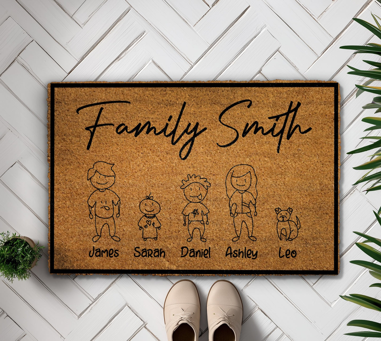 Personalized Family Doormat, Custom Stick Figure Home Decor, Pet Welcome Mat