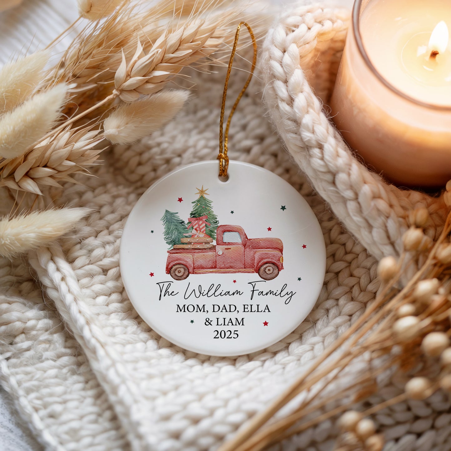 Personalized Ceramic Family Christmas Ornament, Car with Tree Hanging Decor