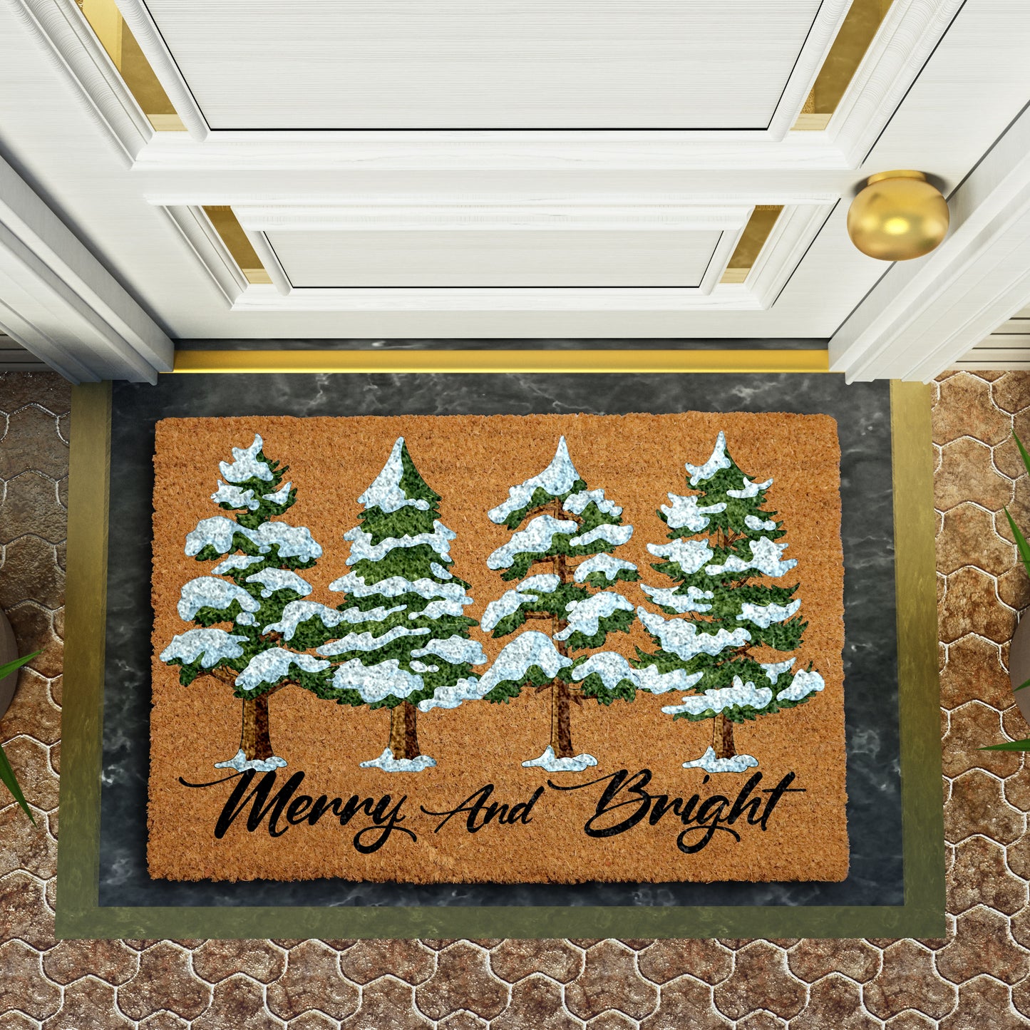 Snowy Pine Tree Welcome Mat, Festive Winter Front Porch Decor